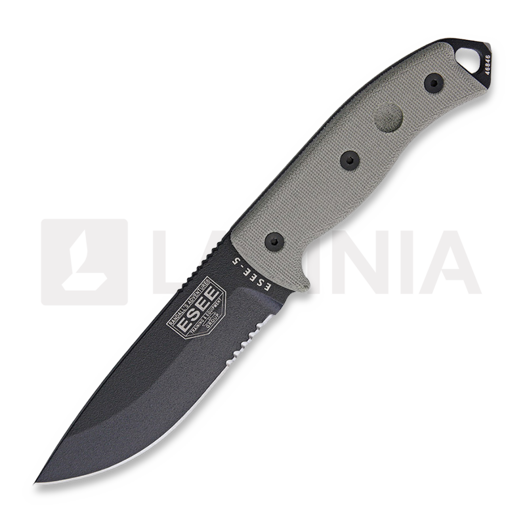 ESEE Model 5, serrated, black/OD green, black kydex sheath