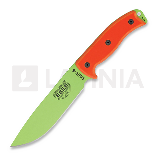 ESEE Model 6, venom green, orange G10, black plastic sheath