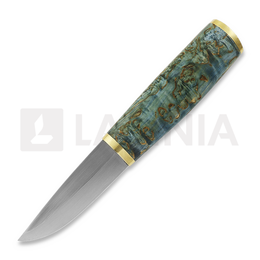 Harri Laine Blue puukko knife Messer, stab. curly birch