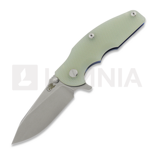 Saliekams nazis Hinderer Jurassic Magnacut Slicer Flat Grind, Stonewash Blue, Translucent Green