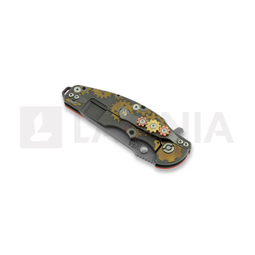 Hinderer Jurassic Spearpoint sulankstomas peilis, working finish, Gear Theme orange