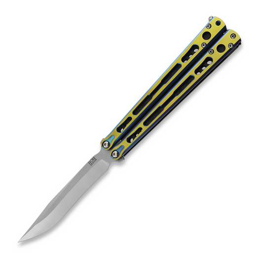 Hom Design Chimera V2 balisong, Aqua/Gold Anodized Ti, Carbon Fiber
