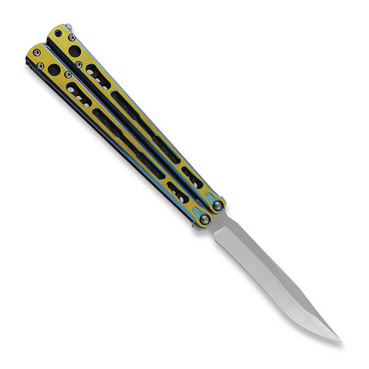 Hom Design Chimera V2 balisong, Aqua/Gold Anodized Ti, Carbon Fiber