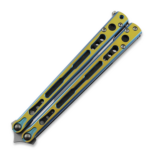 Hom Design Chimera V2 balisong, Aqua/Gold Anodized Ti, Carbon Fiber