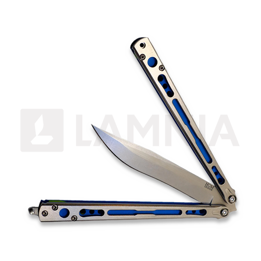 Hom Design Chimera V2 balisong, Stonewashed Ti/Blue & Yellow G-10