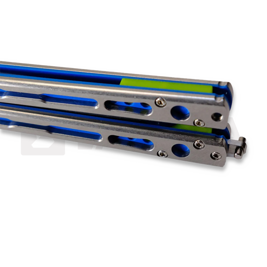 Hom Design Chimera V2 balisong, Stonewashed Ti/Blue & Yellow G-10
