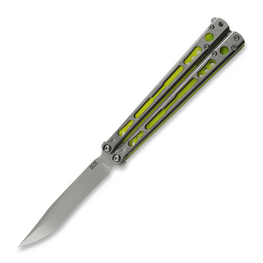 Нож пеперуда Hom Design Chimera V2, Stonewashed Ti/Yellow & Green G-10