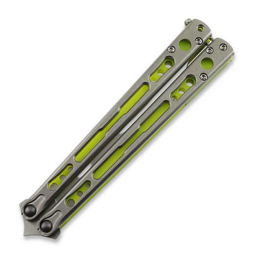 Hom Design Chimera V2 butterfly knife, Stonewashed Ti/Yellow & Green G-10