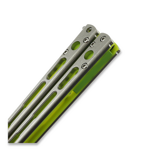 Hom Design Chimera V2 butterfly knife, Stonewashed Ti/Yellow & Green G-10