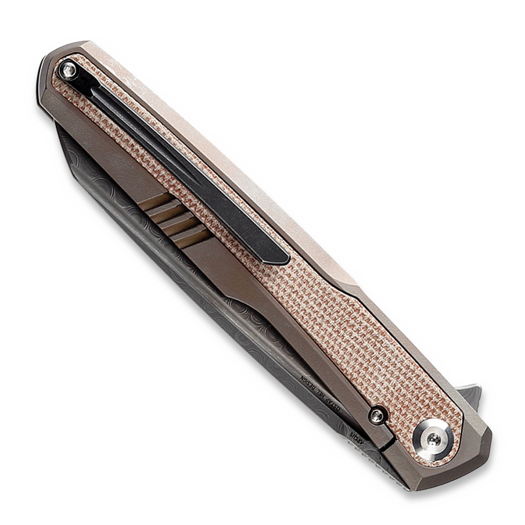 Kansept Knives Arcus Framelock Damascus sulankstomas peilis, Bronze Ti/Brown Micarta