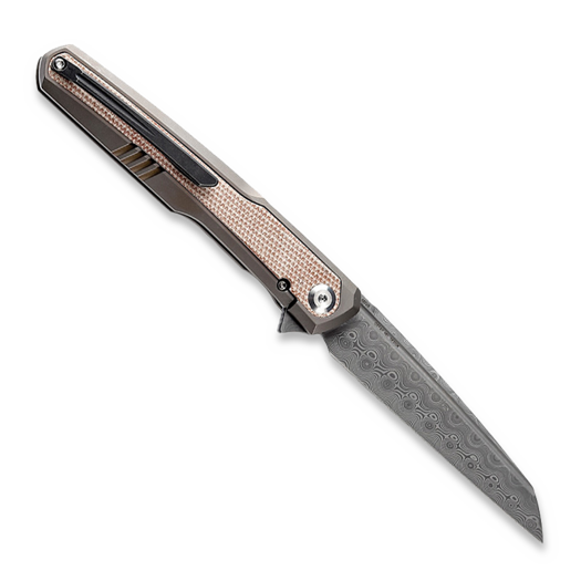 Kansept Knives Arcus Framelock Damascus sulankstomas peilis, Bronze Ti/Brown Micarta