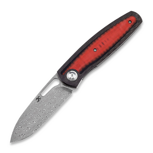 Kansept Knives Mato Damascus foldekniv, Twill CF/Red and Black G-10