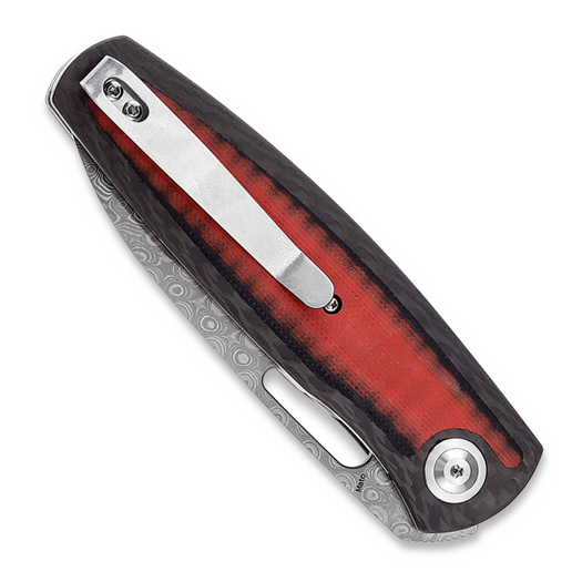 Kansept Knives Mato Damascus foldekniv, Twill CF/Red and Black G-10