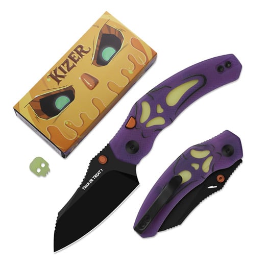 Kizer Cutlery Mini Bulldog 2026 Halloween Special vouwmes, Black PVD Nitro-V, GID G-10 & Acrylic