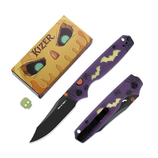 Kizer Cutlery Pokiman BC 2026 Halloween Special vouwmes, Black PVD AEB-L, GID G-10 & Acrylic