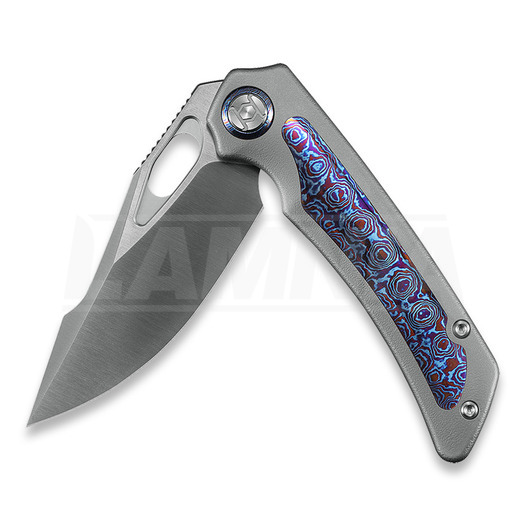 Kunwu Knives Jericho - Satin - Titanium összecsukható kés, Orange Peel Texture + Timascus Inlay