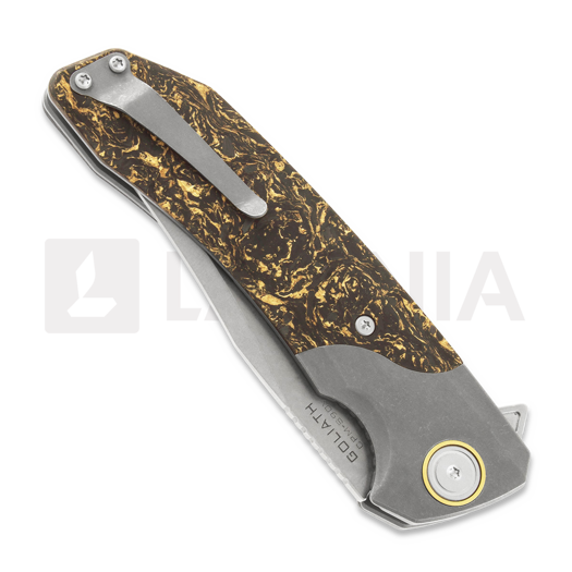 Maxace Goliath 2.0 CPM S90V Bowie sulankstomas peilis, gold shred carbon fiber