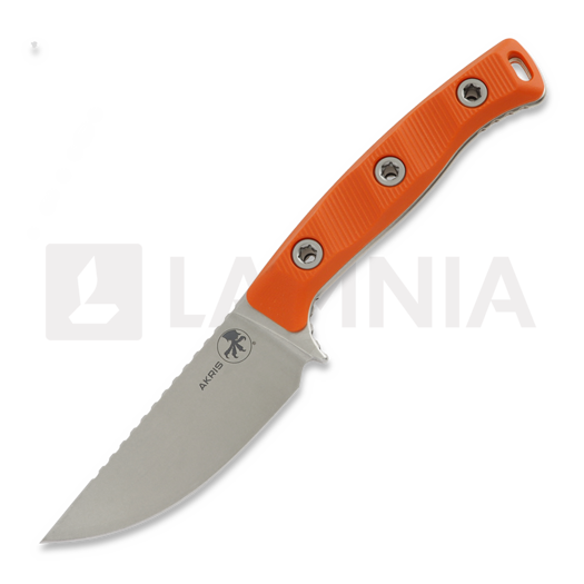 Microtech Akris Stonewashed knife, Ember G-10, leather sheath 95-10EM-1