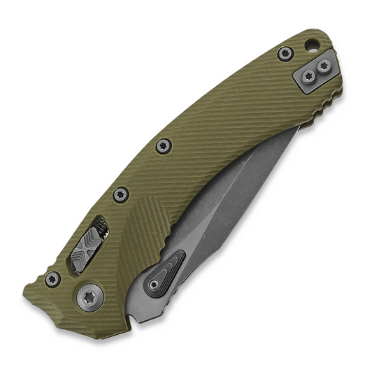 Couteau pliant Microtech Amphibian, apocalyptic finish, fluted od green G10 137RL-10APFLGTOD