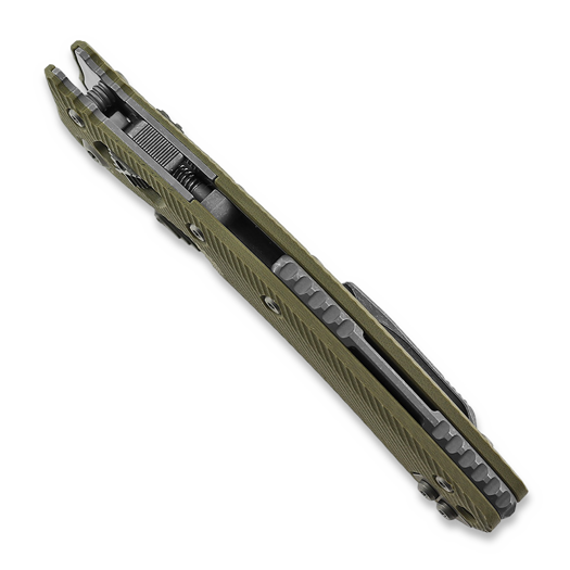 Couteau pliant Microtech Amphibian, apocalyptic finish, fluted od green G10 137RL-10APFLGTOD