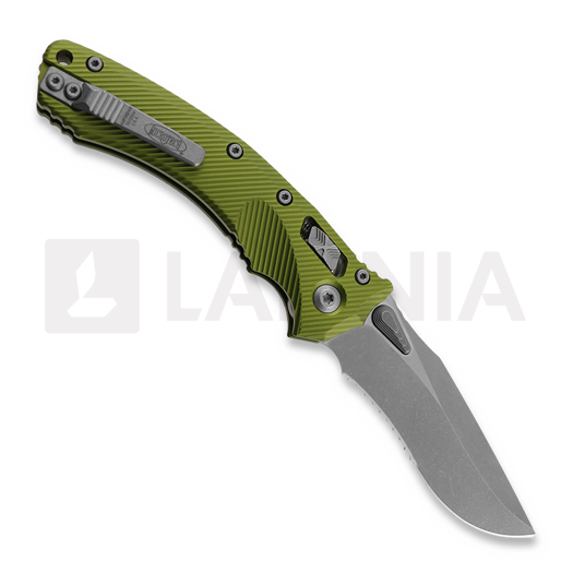 Microtech Amphibian Apocalyptic Partial Serrated, Fluted OD Green 137RL-11APFLOD
