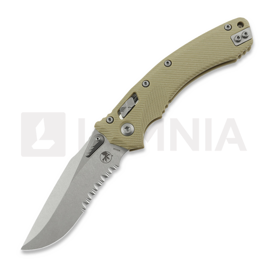 Microtech Amphibian Fluted Stonewashed Tan kääntöveitsi, combo terä 137RL-11FLGTTA