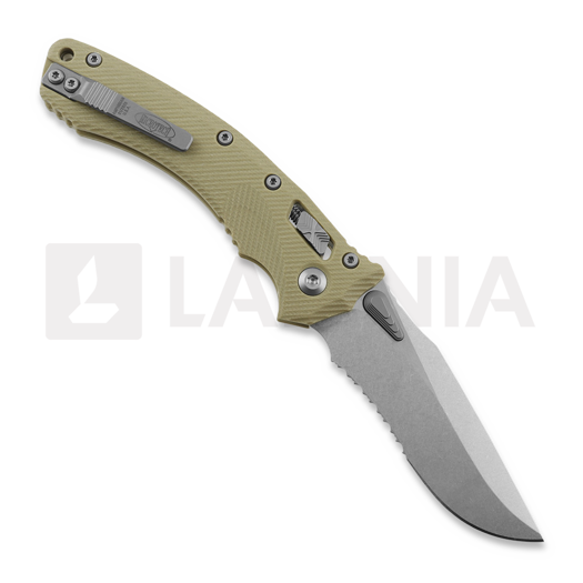 Microtech Amphibian Fluted Stonewashed Tan kääntöveitsi, combo terä 137RL-11FLGTTA