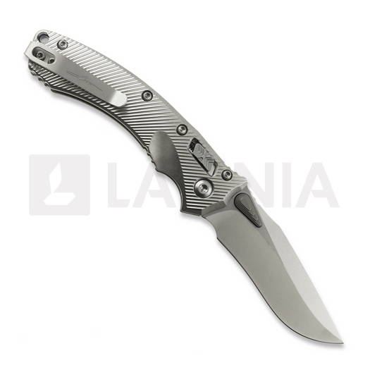 Microtech Amphibian Mini Ram-Lok Stonewash Fluted Titanium 접이식 나이프, blue accent 137MRL-10FLMS2
