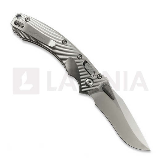 Microtech Amphibian Mini Ram-Lok Stonewash Fluted Titanium 접이식 나이프, blue accent 137MRL-10FLMS2