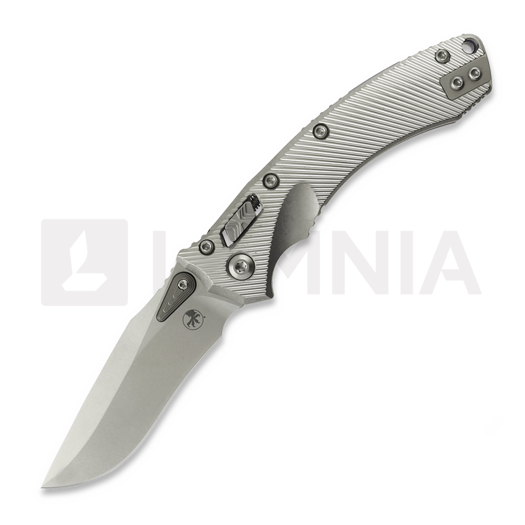 Microtech Amphibian Mini Ram-Lok Stonewash Fluted Titanium 접이식 나이프, purple accent 137MRL-10FLMS3