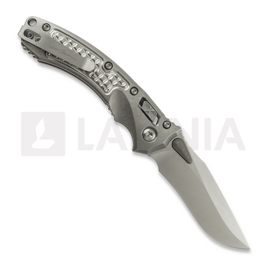 Microtech Amphibian Mini Ram-Lok Stonewash Frag Titanium 접이식 나이프, blue accent 137MRL-10FRMS2