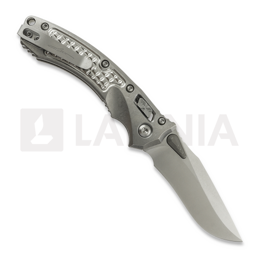 Microtech Amphibian Mini Ram-Lok Stonewash Frag Titanium 접이식 나이프, blue accent 137MRL-10FRMS2