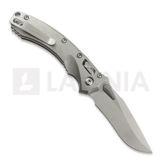 Microtech Amphibian Mini Ram-Lok Stonewash Slab Titanium 접이식 나이프, blue accent 137MRL-10MS2