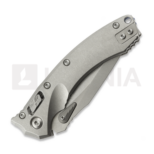 Microtech Amphibian Mini Ram-Lok Stonewash Slab Titanium 접이식 나이프, blue accent 137MRL-10MS2