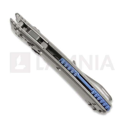 Microtech Amphibian Mini Ram-Lok Stonewash Slab Titanium 접이식 나이프, blue accent 137MRL-10MS2