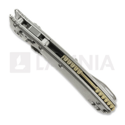 Microtech Amphibian Mini Ram-Lok Stonewash Slab Titanium 접이식 나이프, bronze accent 137MRL-10MS1