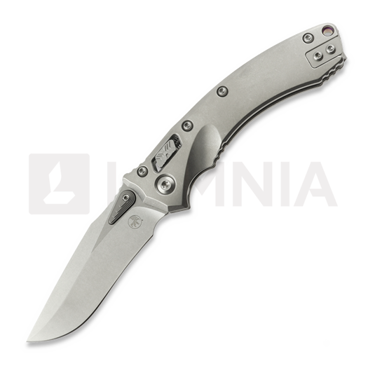 Microtech Amphibian Mini Ram-Lok Stonewash Slab Titanium 접이식 나이프, purple accent 137MRL-10MS3