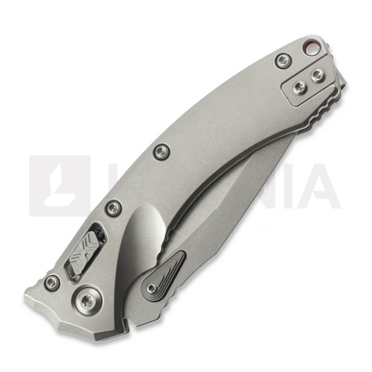 Microtech Amphibian Mini Ram-Lok Stonewash Slab Titanium 접이식 나이프, purple accent 137MRL-10MS3