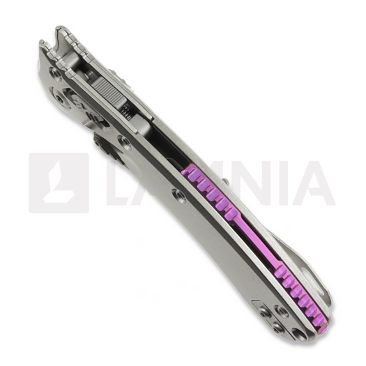 Microtech Amphibian Mini Ram-Lok Stonewash Slab Titanium 접이식 나이프, purple accent 137MRL-10MS3
