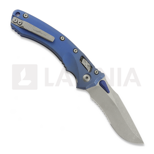 Microtech Amphibian Ram-Lok Apocalyptic Blue Slab Titanium sulankstomas peilis, blue accents, combo edge 137RL-11APMS2