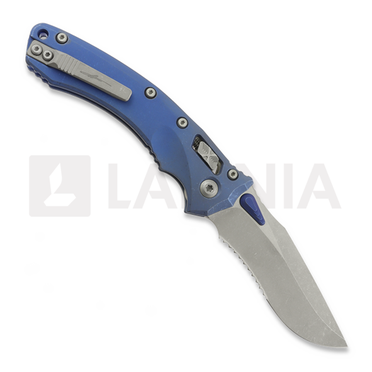 Couteau pliant Microtech Amphibian Ram-Lok Apocalyptic Blue Slab Titanium, blue accents, combo edge 137RL-11APMS2