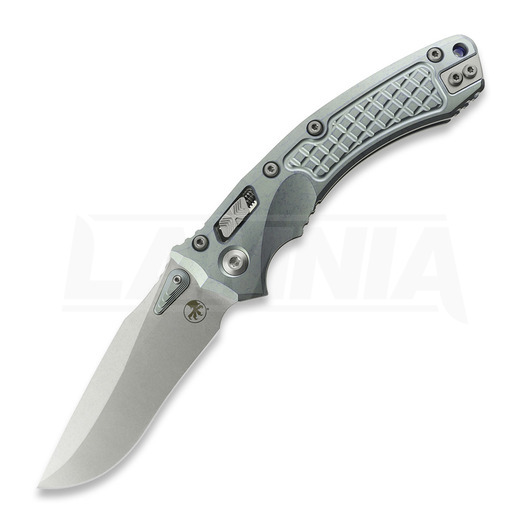 Microtech Amphibian Ram-Lok 접이식 나이프, Ice Blue Ano Frag, Stonewash 137RL-10FRMS6