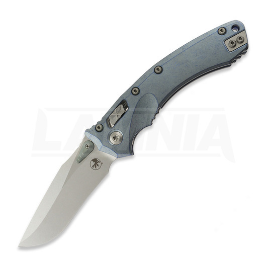 Microtech Amphibian Ram-Lok 접이식 나이프, Ice Blue Ano Slab Side, Stonewash 137RL-10MS6