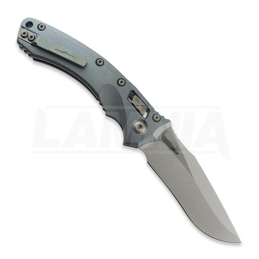 Microtech Amphibian Ram-Lok sulankstomas peilis, Ice Blue Ano Slab Side, Stonewash 137RL-10MS6