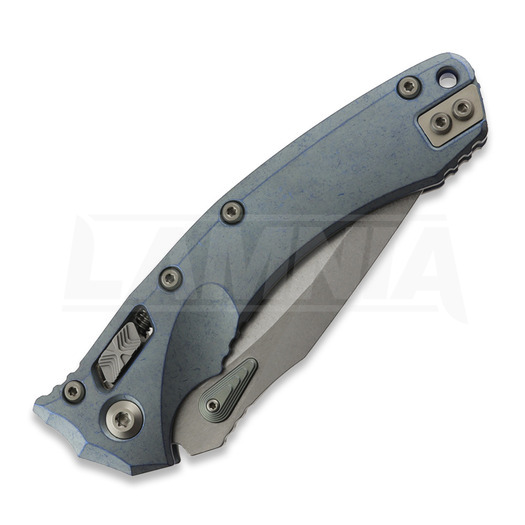 Microtech Amphibian Ram-Lok sulankstomas peilis, Ice Blue Ano Slab Side, Stonewash 137RL-10MS6