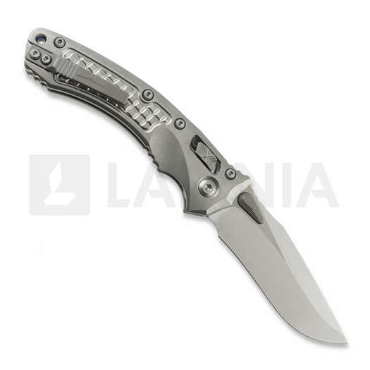 Microtech Amphibian Ram-Lok Stonewash Frag Titanium sulankstomas peilis, blue accents 137RL-10FRMS2