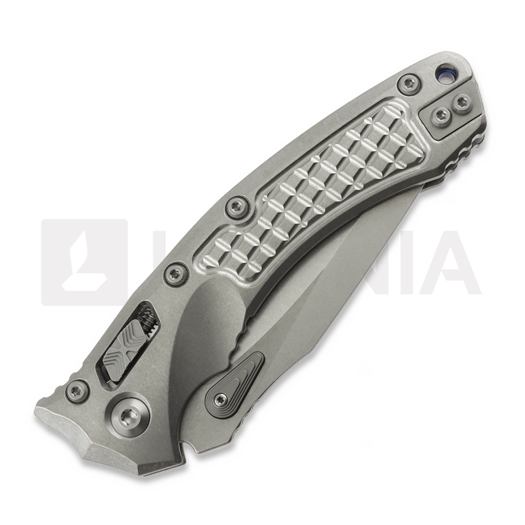 Microtech Amphibian Ram-Lok Stonewash Frag Titanium sulankstomas peilis, blue accents 137RL-10FRMS2