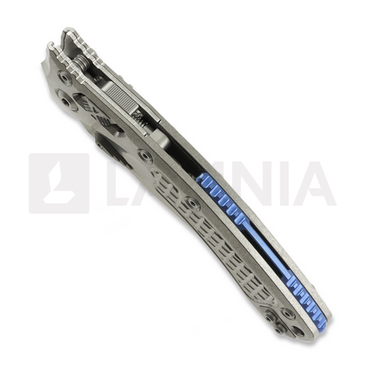 Microtech Amphibian Ram-Lok Stonewash Frag Titanium sulankstomas peilis, blue accents 137RL-10FRMS2