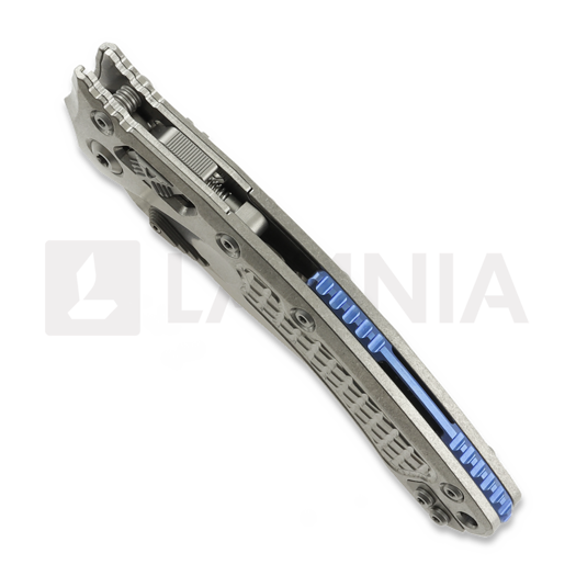 Microtech Amphibian Ram-Lok Stonewash Frag Titanium sulankstomas peilis, blue accents 137RL-10FRMS2
