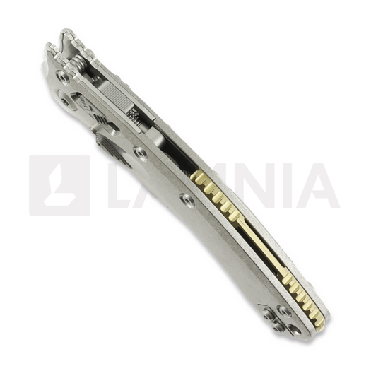 Microtech Amphibian Ram-Lok Stonewash Slab Titanium sulankstomas peilis, bronze accents 137RL-10MS1